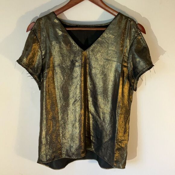 All Saints Gold/Black Lame’ Cold Shoulder Raw Hem Top, Size 0. Flowy - Picture 1 of 11